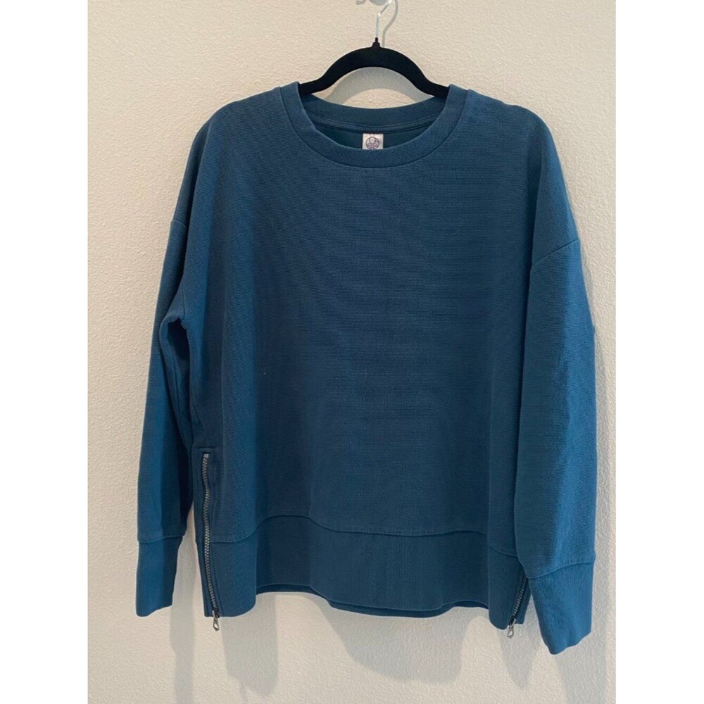 Te Verde Teal Blue Side Zipper Crew Neck Sweatshirt Cotton Blend Large